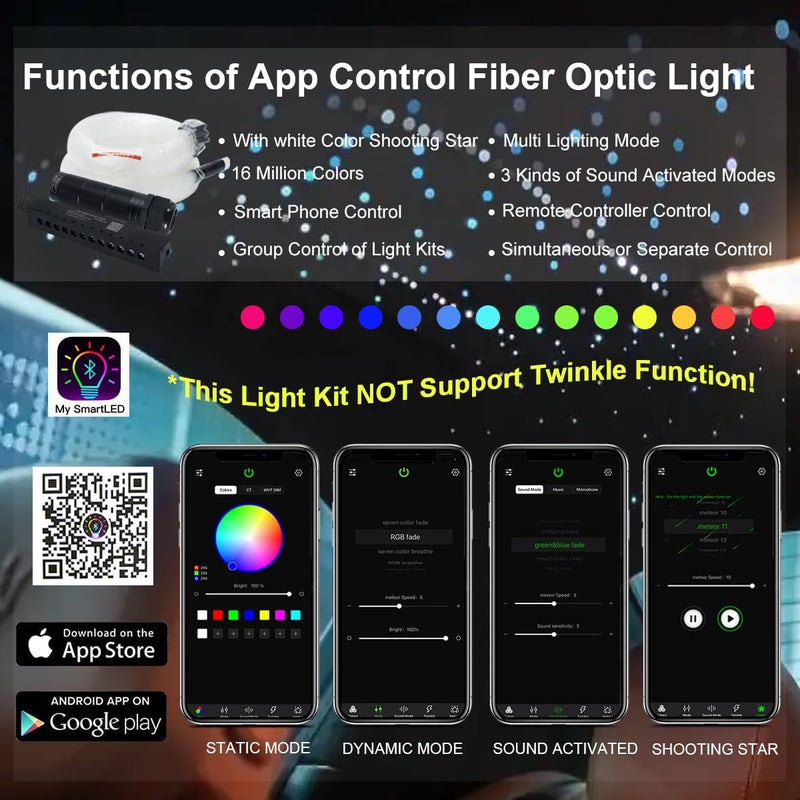 AKEPO Mini 6W Car Home APP Control Fiber Optic Lights, Meteor Effect+Mixed Fiber Cable 430pcs(0.75+1+1.5mm) 9.8ft/3m + Music Sync + 28key Remote Shooting Star Starlight Headliner Light Kit - Image 2